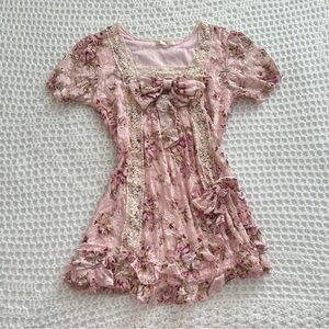 Pink floral lace bow top/ mini dress